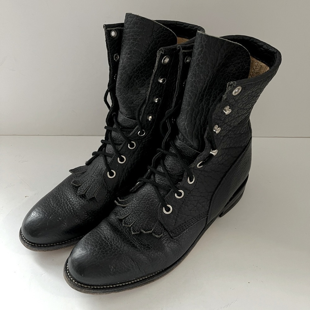 Justin Bullhide Lacer Ankle Boots Black Leather Size 7B Vintage